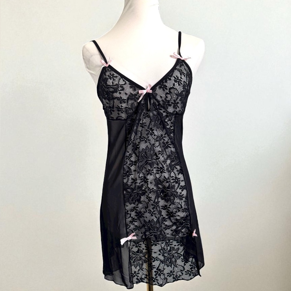 Y2K Black Lace Babydoll Slip Dress w/ Pink Bows Fairygrunge Lingerie Aesthetic